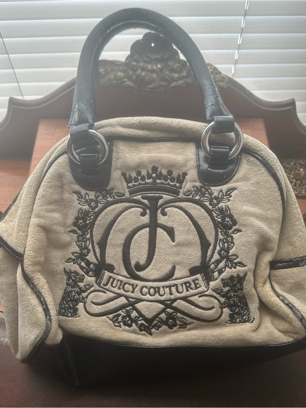 Juicy Couture Beige Canvas Satchel with Black Trim & Embroidered Logo